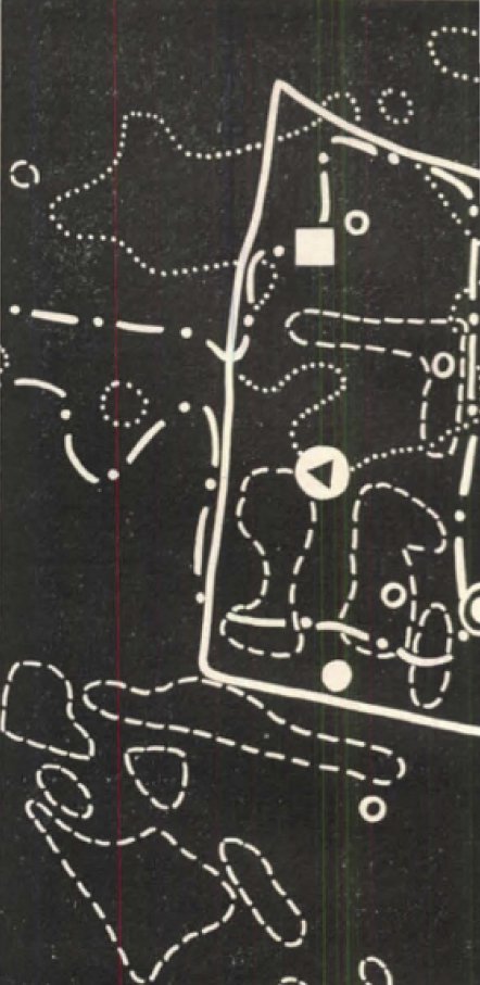 Map of the Waterloo Road neighbourhood in Middlesbrough: a hard outline for the neighbourhood, with dashed, dotted and dot-dashed outlines for the catchments of the youth club, adult club, post office and secondary school, which overlap without coinciding.