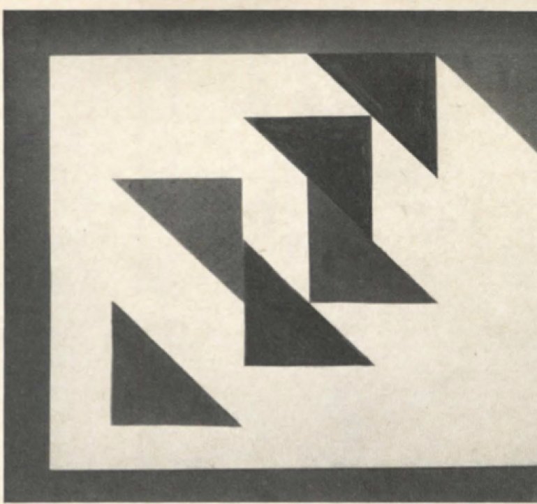 Simon Nicholson’s painting: seven dark triangles on a pale ground, arranged so that pairs form rectangles, parallelograms and Z shapes.