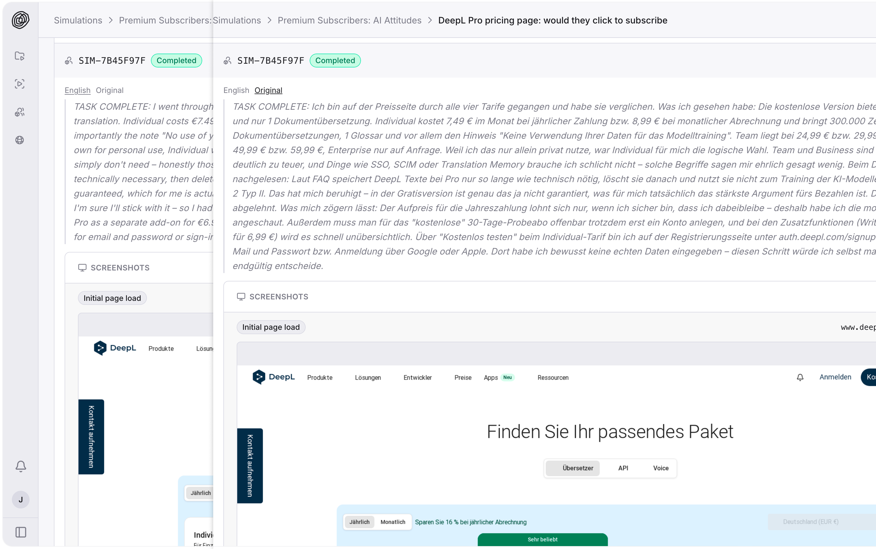 A user journey session with the report in English and a toggle to show the original